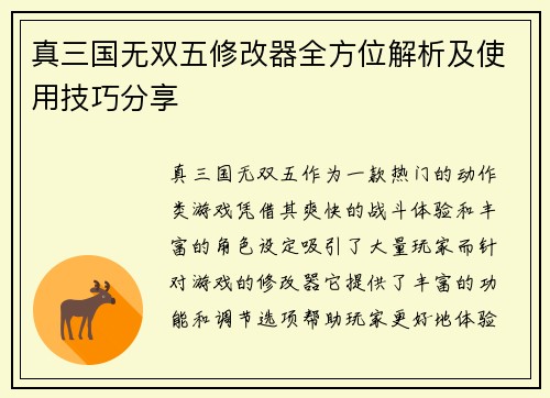 真三国无双五修改器全方位解析及使用技巧分享